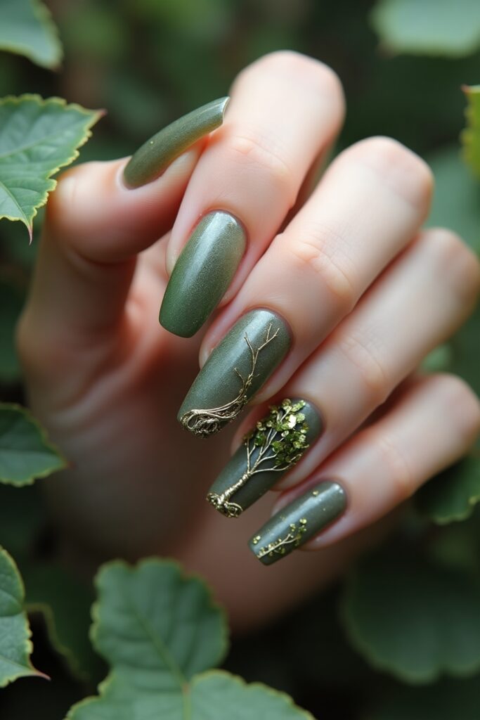 Nature-inspired surreal nail art with inverted tree motifs and floating leaves