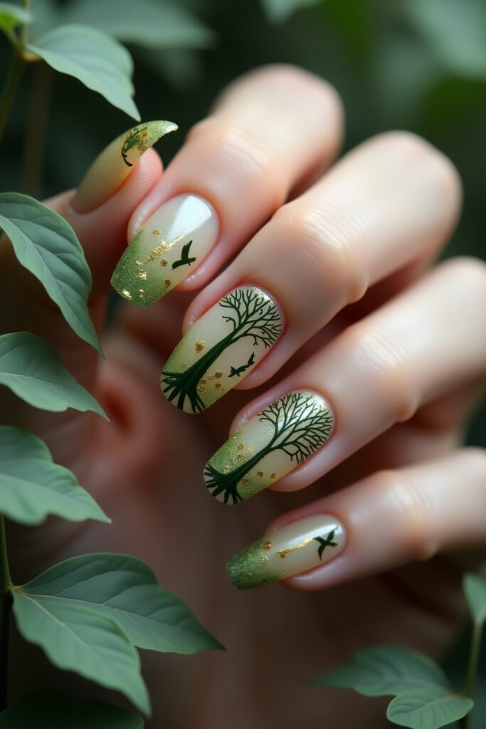 Nature-inspired surreal nail art with inverted tree motifs and floating leaves