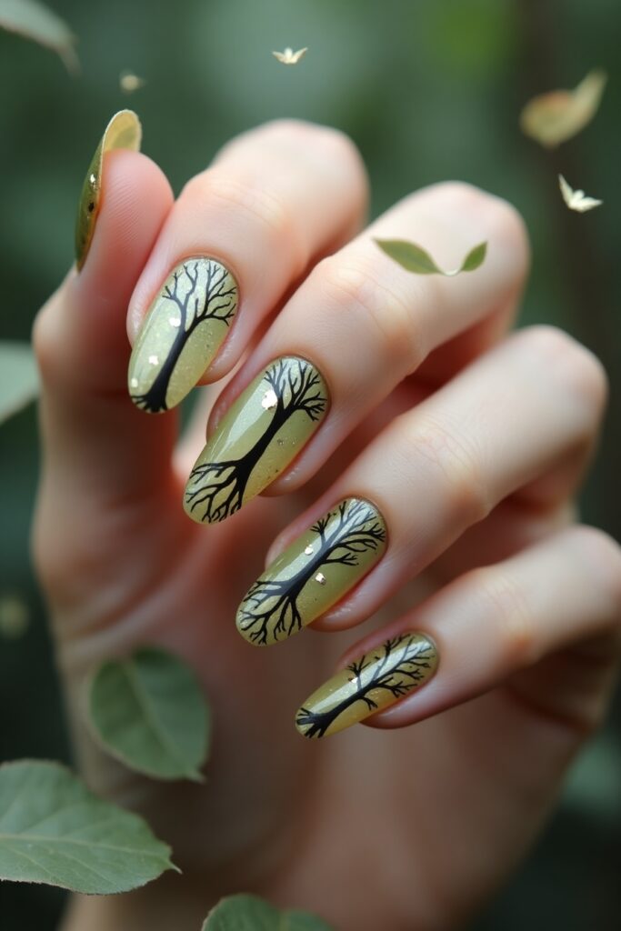 Nature-inspired surreal nail art with inverted tree motifs and floating leaves